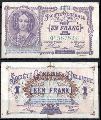 Бельгия 1 франк 1916 Немецкая Оккупация Pick 86 b бумага 8613-15-2-2