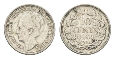 Нидерланды 10 центов 1941 Вильгельмина I (1890-1948) KM 163 серебро 4659-1213