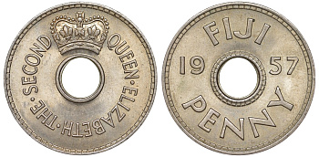 Фиджи 1 пенни 1957 Елизавета II KM 21 медно-никель UNC 51-3713