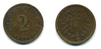 ГЕРМАНИЯ 2 ПФЕННИГА 1874 A, СТАРОГЕРБОВКА KM 2, J.2 медь 54-327