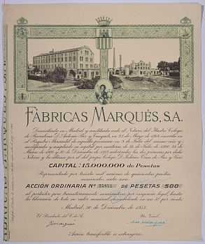 ИСПАНИЯ АЦИЯ НА 500 ПЕСЕТ 1953 FABRICAS MARQUES S.A., МАДРИД 1953 бумага 5544-7