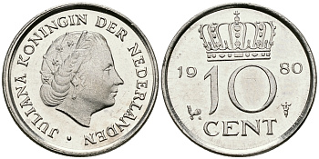Нидерланды 10 центов 1980 Юлиана (1949-1980) KM 182 никель 96-355