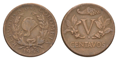 Колумбия 5 сентаво 1953 KM 206 бронза 4655-911