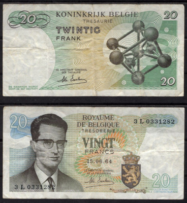 Бельгия 20 франков 1964 Бодуэн I; Атомиум, Брюссель Pick 138 (2) бумага 7548-110-3-2