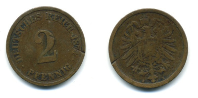ГЕРМАНИЯ 2 ПФЕННИГА 1874 A, СТАРОГЕРБОВКА KM 2, J.2 медь 54-327