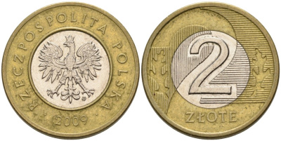 Польша 2 злотых 2009 MW KM 283 биметалл 4561-445