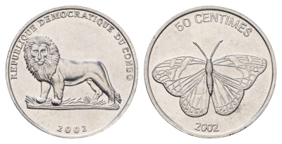ДР Конго 50 сантимов 2002 Животные - Бабочка KM 80 алюминий UNC 4678-131