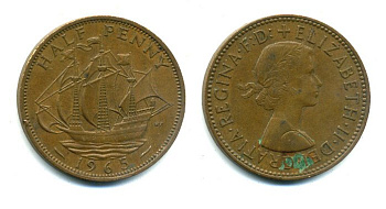 Великобритания 1/2 пенни 1965 Елизавета II (1952-2022) KM 896, Spink 4158 бронза 56-1033