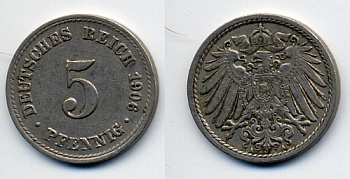 ГЕРМАНИЯ 5 ПФЕННИГОВ 1906 A, KM 11, J. 12 медно-никель 76-223