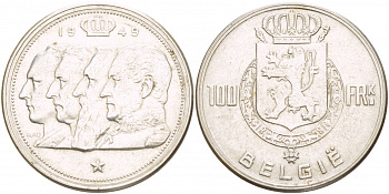 Бельгия 100 франков 1949 Belgie, королевская династия KM 139.1 серебро 4537-925