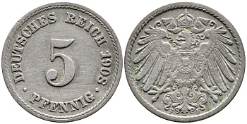 Германия 5 пфеннигов 1908 F KM 11, Jager 12, Weege 6 медно-никель 4387-738