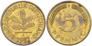 ФРГ 5 пфеннигов 1987 F KM 107, J. 382 сталь плакированная латунью 4514-1122