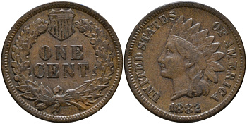 США 1 ЦЕНТ 1882 ИНДЕЕЦ KM 90а бронза 4396-416