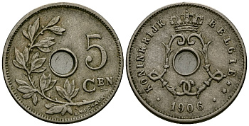 Бельгия 5 сантимов 1906 Belgie, Леопольд II (1865-1909) KM 55 медно-никель 4173-138