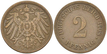 ГЕРМАНИЯ 2 ПФЕННИГА 1908 D KM 16, J. 11, Weege 4 медь 212-337