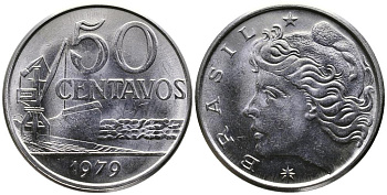 Бразилия 50 сентаво 1979 голова свободы влево KM 580b, Schon 85b нержавеющая сталь 3336-916