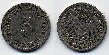 ГЕРМАНИЯ 5 ПФЕННИГОВ 1892 D, KM 11, J. 12 медно-никель 51-5241