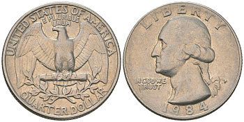 США 25 центов (квотер) 1984 P, Вашингтон KM A164a медь плакированная медно-никелем 4595-451