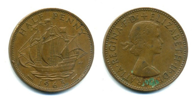 Великобритания 1/2 пенни 1965 Елизавета II (1952-2022) KM 896, Spink 4158 бронза 56-1033