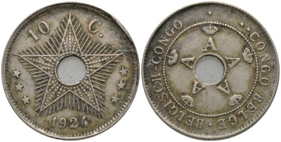 Бельгийское Конго 10 сантимов 1924 Альберт I (1909-1934) KM 18 медно-никель 27-1133