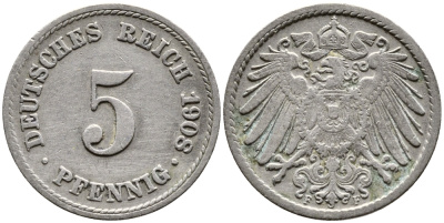 Германия 5 пфеннигов 1908 F KM 11, Jager 12, Weege 6 медно-никель 4387-738