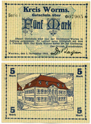 ВОРМС, ГЕРМАНИЯ 5 МАРОК 1918-1919 1 НОЯБРЯ 1918 - 1 ФЕВРАЛЯ 1919, НОТГЕЛЬД, ЗЕМЛЯ РЕЙЛЯНД-ПФАЛЬЦ, СЕРИЯ I, НОМЕР СО ЗВЁЗДОЧКОЙ Geiger 570.01а бумага UNC (ПРЕСС) 8613-17-2-1