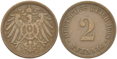 ГЕРМАНИЯ 2 ПФЕННИГА 1908 D KM 16, J. 11, Weege 4 медь 212-337