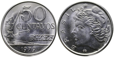 Бразилия 50 сентаво 1979 голова свободы влево KM 580b, Schon 85b нержавеющая сталь 3336-916