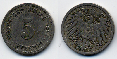 ГЕРМАНИЯ 5 ПФЕННИГОВ 1892 D, KM 11, J. 12 медно-никель 51-5241