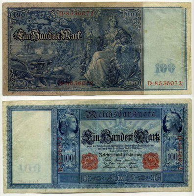 ГЕРМАНИЯ 100 МАРОК 1910 21 АПРЕЛЯ 1910, КРАСНАЯ СЕРИЯ Pick 42 бумага 8589-2-1-2