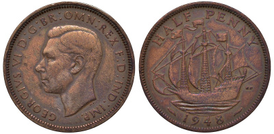 Великобритания 1/2 пенни 1948 Георг VI (1936-1952) KM 844, Spink 4115 бронза 4122-813