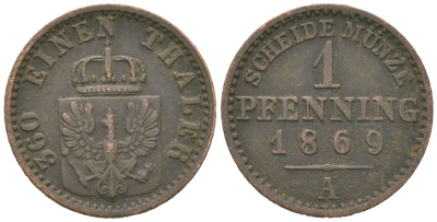 Пруссия 1 пфенниг 1869 A, Вильгельм I (1861-1888) KM 480 медь 4615-822