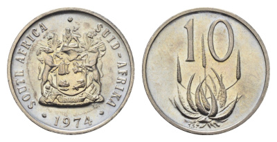 ЮАР 10 центов 1974 герб, цветок алоэ KM 85 никель UNC 4690-948