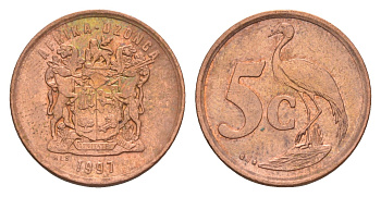 ЮАР 5 центов 1997 герб, райский журавль KM 160 сталь плакированная медью aUNC 4364-3668