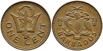 Барбадос 1 цент 1973 сломанный трезубец Британии KM 10 бронза 4396-1238