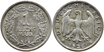 ГЕРМАНИЯ 1 РЕЙХСМАРКА 1926 J, САМАЯ РЕДКАЯ БУКВА, ВЕЙМАРСКАЯ РЕСПУБЛИКА Weege 15, J. 319, KM 44 серебро 4390-915