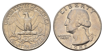 США 25 центов (квотер) 1982 D, Вашингтон KM A164a медь плакированная медно-никелем 4681-444