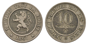 Бельгия 10 сантимов 1863 Леопольд I (1832-1865) KM 22 медно-никель 4623-1119
