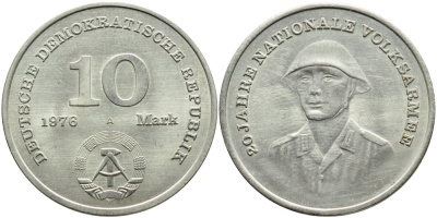 ГДР 10 марок 1976 А, 20 лет национальной народной армии KM 61, J. 1560 медно-никель UNC 4394-312