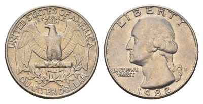 США 25 центов (квотер) 1982 D, Вашингтон KM A164a медь плакированная медно-никелем 4681-444