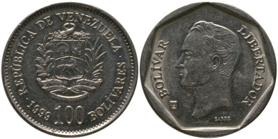Венесуэла 100 боливаров 1999 KM 78.2, Schon 88 сталь плакированная никелем 4529-425
