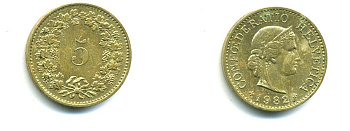 Швейцария 5 раппенов 1982 KM 26c алюминий латунь 53-1223