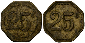 Франция 25 сантимов XIX-XX век ресторанный жетон латунь 4166-545