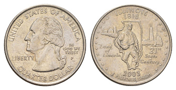 США 25 центов (квотер, 1/4 доллара) 2003 P, Квотер штата Иллинойс KM 343 медь плакированный медно-никелем UNC 4628-1227