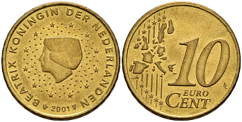 Нидерланды 10 евроцентов 2001 Беатрикс (1980-2013) KM 237 нордик  UNC  4598-222