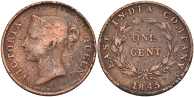 Стрейтс-Сетлментс 1 цент 1845 Виктория (1837-1901), Ост-Индская компания KM 3 медь 4590-122