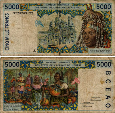 ВАЛЮТНЫЙ СОЮЗ СТРАН ЗАПАДНОЙ АФРИКИ, КОТ-Д'ИВУАР 5000 ФРАНКОВ 1997 БУКВА С, ПОДПИСЬ 28 Pick 113Af бумага 6281-7-2-2