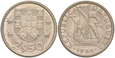 Португалия 2,5 эскудо 1984 парусник KM 590 медно-никель 192-817