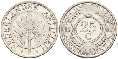 Нидерландские Антилы 25 центов 1992 Беатрикс (1980-2013) KM 35 никелированная сталь 3334-541