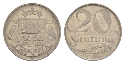 Латвия 20 сантимов 1922 год-тип KM 5 никель    4658-1248